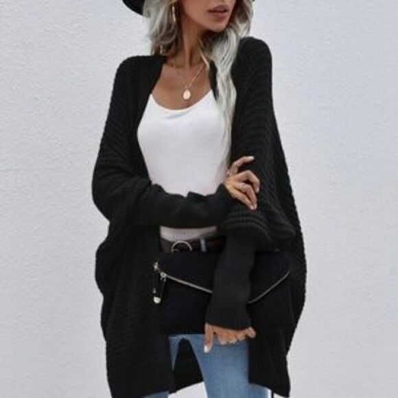 New Black Cozy Batwing Sleeve Knit Open Front Cardigan - Picture 2 of 16